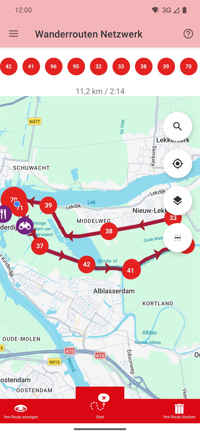 Die App mit einer über Knotenpunkte geplanten Route auf der Karte