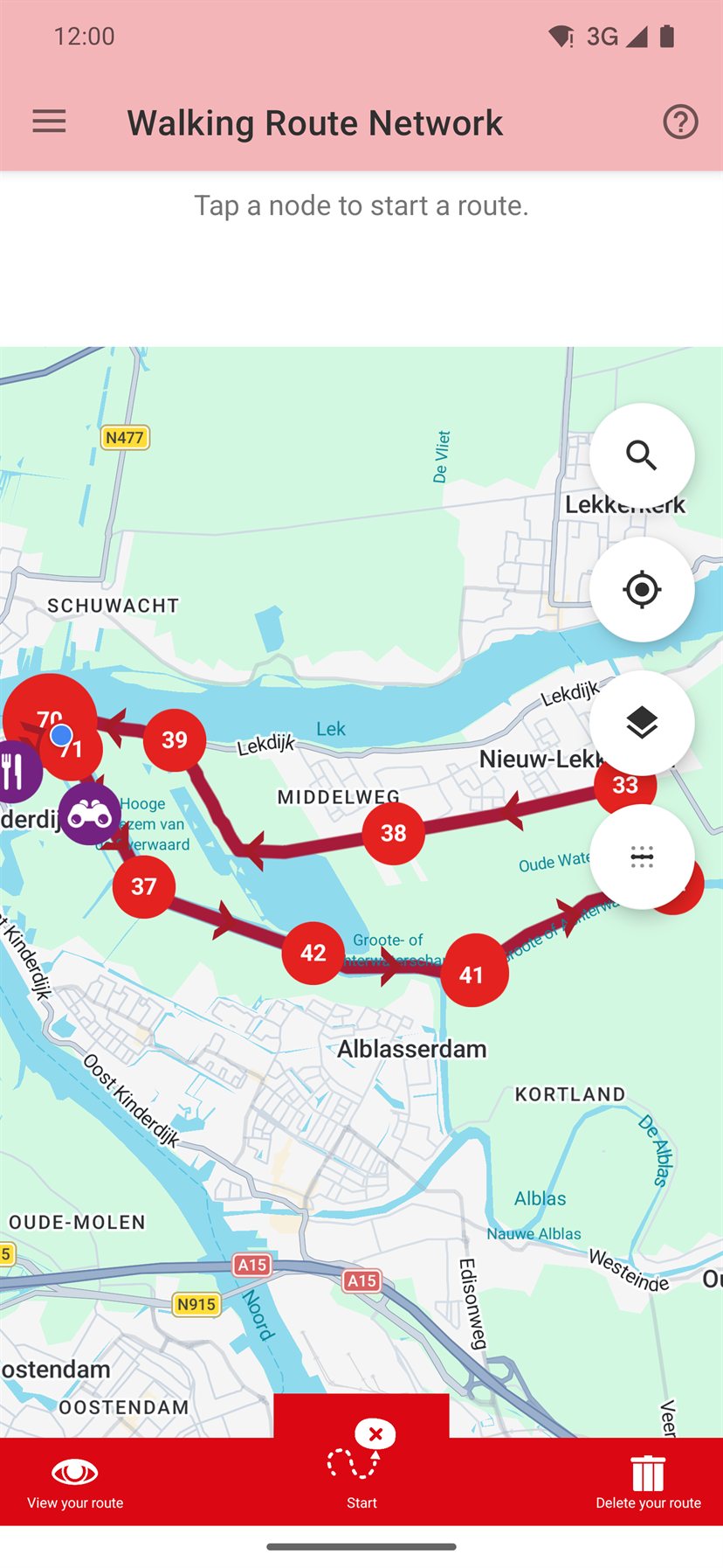 The app showing a route plotted along nodes on the map