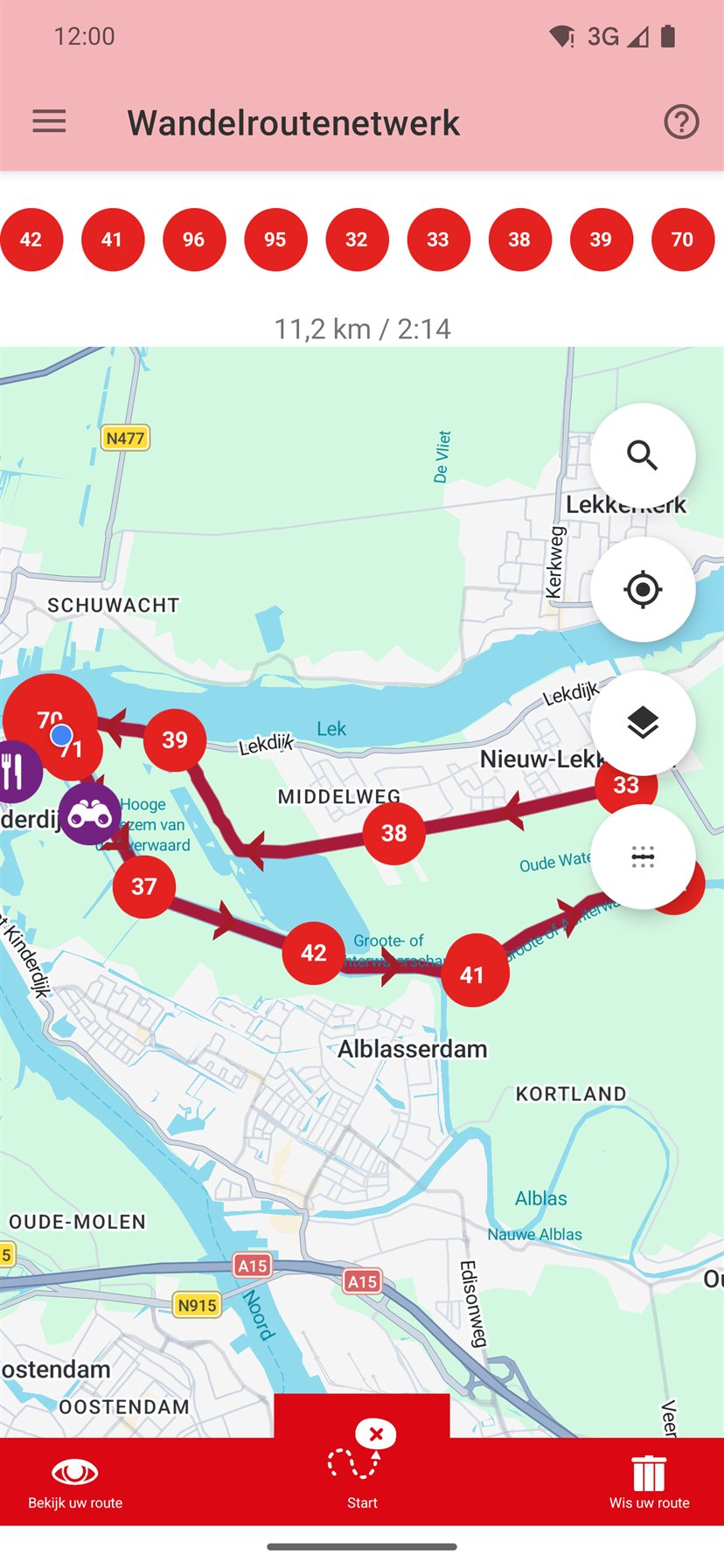 De app met een uitgezette route over knooppunten op de kaart