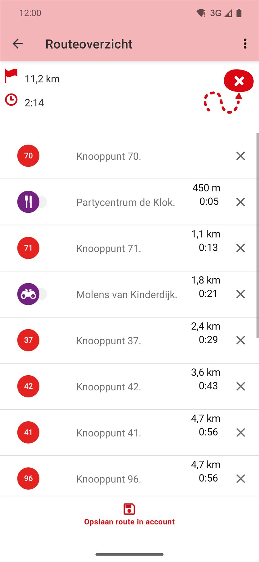 Routeoverzicht met knooppunten en toegevoegde stopplaatsen