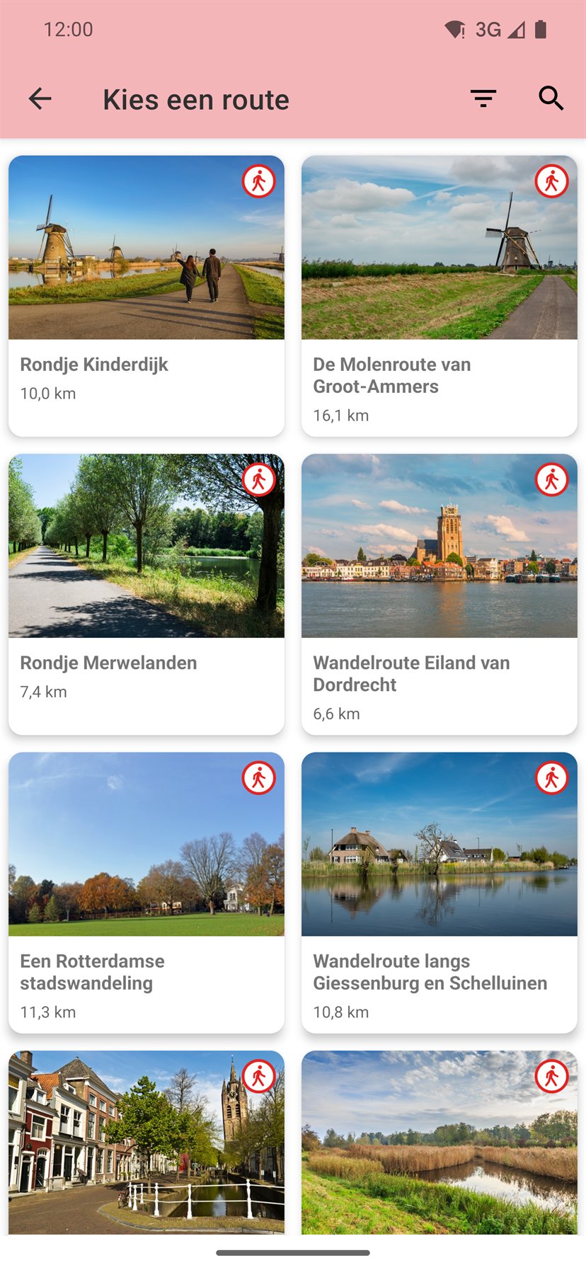 Overzicht van kant-en-klare routes als tegels met foto